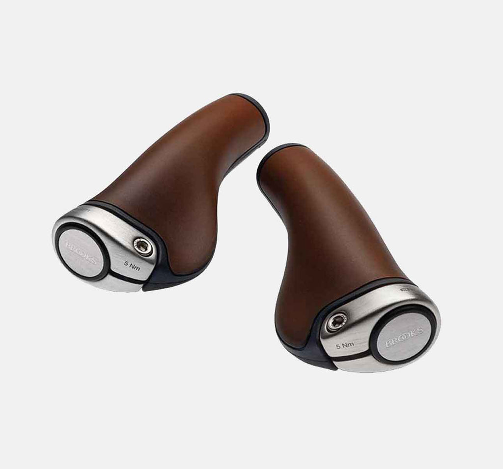 Brooks Ergon ergonomic leather grips in antique brown with silver ends (5251710211)