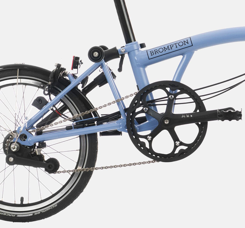 2023 Brompton C Line Explore Mid Handlebar 6 speed folding bike in Cloud Blue - drivetrain