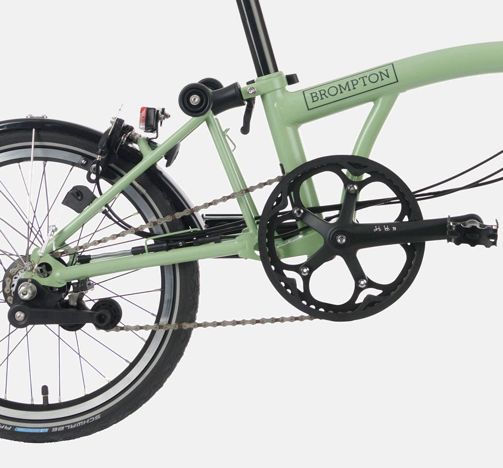 2023 Brompton C Line Explore Mid Handlebar 6 speed folding bike in Matcha Green - drivetrain