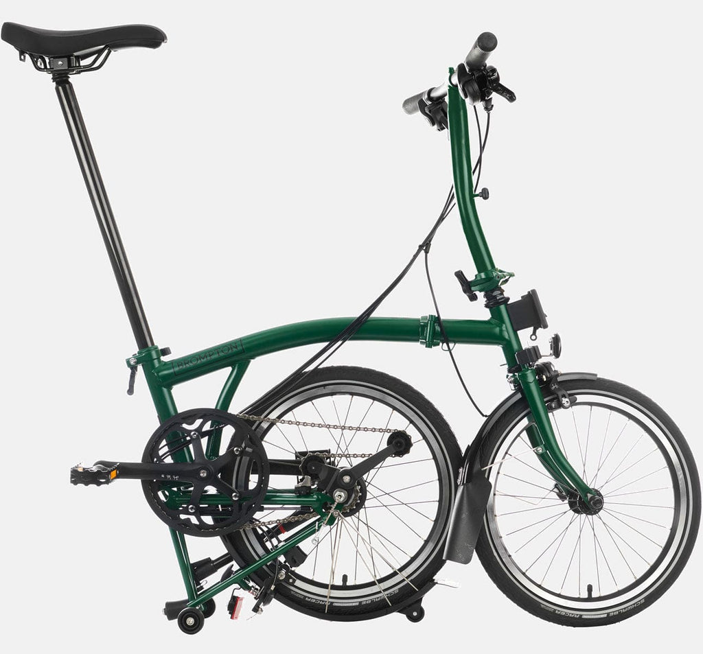2023 Brompton C Line Urban Low Handlebar 2-speed folding bike in Racing Green - kickstand mode