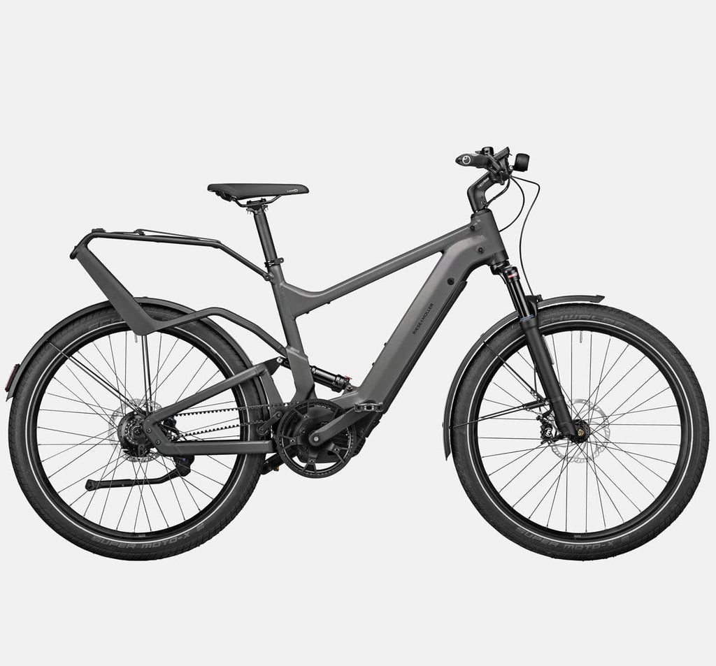 Riese & Muller Delite Rohloff Full Suspension Mountain E-Bike with Schwalbe SuperMoto-X Tires and Rack in Urban Grey Matte (4719359131699)