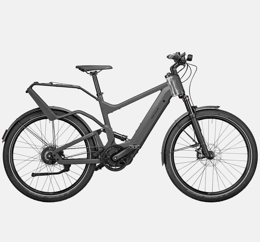 Riese & Muller Delite GT Vario Mountain E-Bike with SuperMoto-X Tires, Kiox Cockpit, Bottle Holder and Rear Rack in Urban Grey Matte (4719358836787)