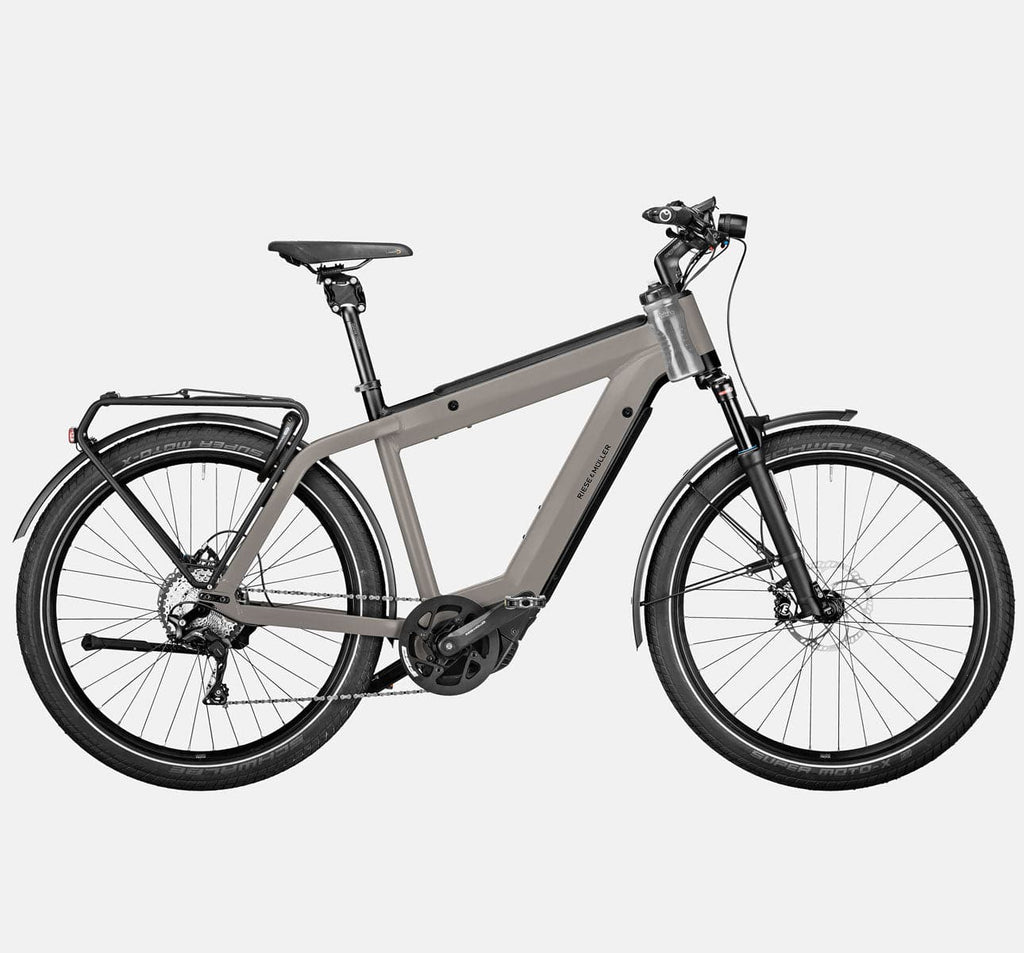 Riese & Muller Supercharger2 GT Touring Suspension E-Bike with Bottle Carrier, Pannier Rack, and Thudbuster Seatpost in Warm Silver Matte (4719394553907)