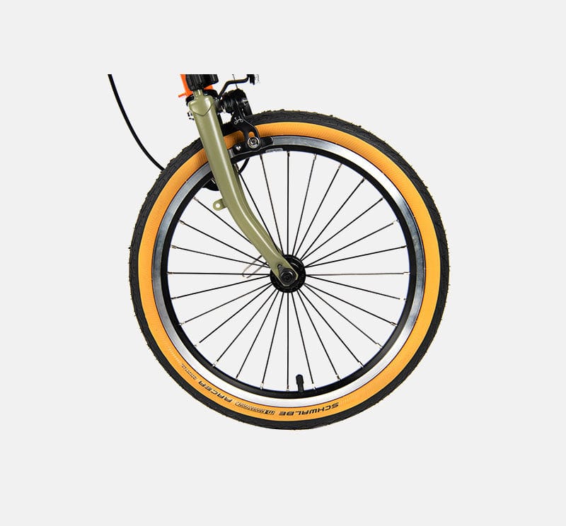 Close Up of Brompton Front Wheel with Schwalbe Marathon Racer Tan-Wall Tire (6635819991091)